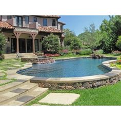 a large backyard with a pool and landscaping