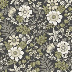 a floral wallpaper pattern with white flowers and green leaves on a dark gray background