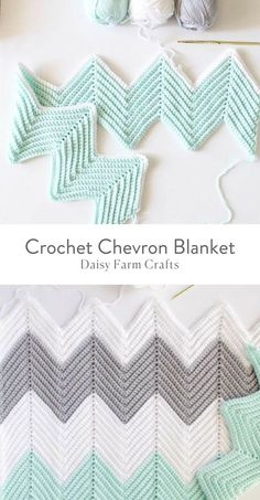 the crochet chevron blanket pattern is shown in two different colors and sizes