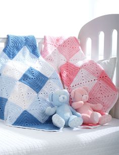 a crochet baby blanket and teddy bear sitting on a bed with the words, double diamond