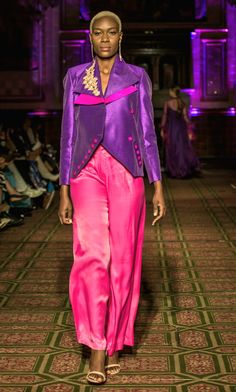 "Part of our LFW SS23 \"Iridescence\" Couture Collection. Double Breasted Raw Silk Purple Jacket with peek of Hot Pink. Finished with Hand Embellished Feather. Fabric: Raw Silk Size: Will fit UK Size 10 Get in touch with us to get this Jacket in other sizes." Feather Fabric, Satin Silk Dress, Mod Jacket, Jackets Uk, Purple Jacket, Coral Dress, Purple Satin, Double Breasted Coat, Couture Collection