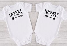 double trouble, twins, twin mama, baby onesie, baby bodysuit, pregnancy announcement, funny baby clothes, toddler clothes, mom life Double Trouble Twin Shirts, Multiples Pregnancy, Twin Pregnancy Announcement, Twin Onesies, Personalized Baby Onesies, Announcement Photos, Pregnancy Announcement Photos, Baby Twins, Twin Outfits