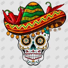 a sugar skull wearing a sombrero with chili peppers on it's head