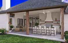 an outdoor kitchen and dining area is shown in this rendering