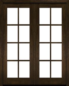 an open wooden door with glass panels and brown wood frame, on a white background