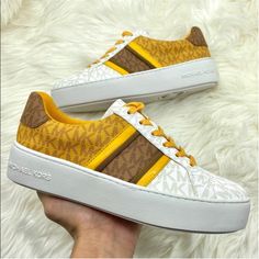 Michael Kors Poppy Stripe Lace Up Mk Sig Color: Marigold Muti Yellow Leather Sneakers For Summer, Michael Kors Wedge Sneakers, Michael Kors Trainers, Michael Kors Slip On, Bootie Socks, Fashion Tennis Shoes, White Fashion Sneakers, City Sneakers, Michael Kors Shoes Sneakers