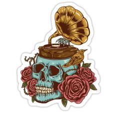 a skull with a phonograph on it's head and roses around it