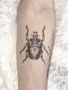 a black and grey beetle tattoo on the leg