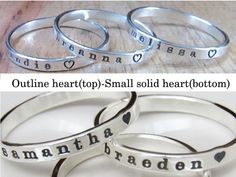 IMPORTANTPlease be mindful of the turnaround time when purchasing. Each ring is hand crafted. Turnaround time is shown on each listing under shipping. Custom name rings can be personalized with your loved ones names, initials, a date, or meaningful words. You will love wearing your personalized rings and they stack so nicely. They are even more special to gift to someone. The hand crafted process: Round sterling silver wire is flattened giving it the nice round edge which is so comfortable when Personalized Silver Stackable Rings As Gift, Adjustable Personalized Stackable Rings, Custom Name Adjustable Stackable Rings For Anniversary, Personalized Silver Stackable Rings For Mother's Day, Adjustable Stackable Rings With Custom Name For Anniversary, Stackable Sterling Silver Rings For Personalized Gift, Adjustable Hand Stamped Rings For Personalized Gift, Personalized Meaningful Stackable Rings For Gift, Custom Name Adjustable Stackable Wedding Rings