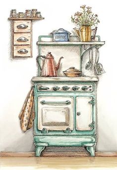 a drawing of an old fashioned stove with pots and pans on it's burners