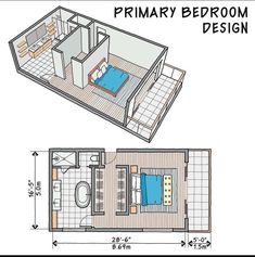 the floor plan for a small bedroom with a bed and bathroom in one room,