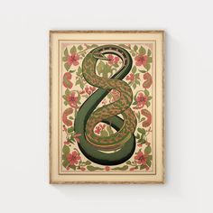 a painting with a snake in the middle and flowers on it's sides, hanging on a wall