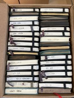 a box filled with lots of books sitting on top of a table