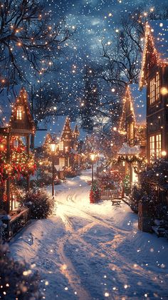 Step into a magical winter wonderland! ❄️🏡✨ Snowflakes dance amidst cozy cottages adorned with twinkling lights and festive wreaths. The serene night sky creates a dreamlike ambiance, inviting you to embrace the cozy charm of Christmas. 🎄❤️ #christmas #winter #wonderland #snow #cozy #holiday #magic #festive #lights #wreaths #night #cottage #charm Christmas Night Photography, Beautiful Christmas Backgrounds, Christmas Cottage Wallpaper, Winter Wonderland Christmas Lights, Warm Winter Wallpaper, Winter Lights Aesthetic, Christmas Aesthetic Outside, Christmas Wallpaper Night, Christmas Aesthetic Cozy Wallpaper