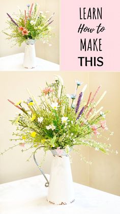 a vase filled with lots of flowers sitting on top of a table next to a sign that says learn how to make this