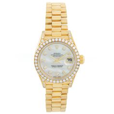 Ladies Rolex President 18k Gold & Diamond Watch 79158 - Automatic winding. 18k yellow gold case with factory diamond bezel and factory diamond lugs (26 mm) . Genuine Rolex mother of pearl diamond dial with diamond hour markers. 18k yellow gold Rolex hidde Rolex Mother Of Pearl, Gold Diamond Watch, Rolex Diamond, Gold Diamond Watches, Gold Rolex, Pearl Diamond, Gold Case, Bezel Diamond, Diamond Watch