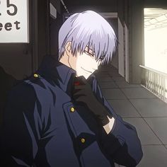 an anime character with white hair and blue eyes standing in front of a subway station