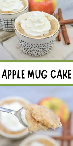 an apple mug cake with whipped cream on top and cinnamon apples in the background text overlay