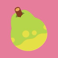 an illustration of a green pear on a pink background with circles around it and a brown sticker in the center