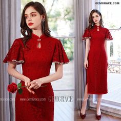 10% off now|Free shipping world-wide. Retro Neck Lace Fitted Red Formal Party Dress With Beaded Flounced Sleeves at GemGrace. Click to learn our pro custom-made service for wedding dress, formal dress. View #WeddingGuestDresses for more ideas. Elegant Sleeveless Red Cheongsam, Elegant Red Sleeveless Cheongsam, Elegant Short Sleeve Dresses For Celebration, Fitted Red Cheongsam For Evening, Elegant Dress For Holiday Celebrations, Festive Red Dress For Banquet, Elegant Fitted Dress For Celebration, Elegant Fitted Celebration Dress, Red Elegant Cheongsam For Spring