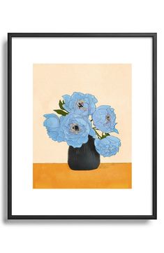 a painting of blue flowers in a black vase on a yellow table top with an orange background