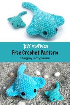 two stuffed animals sitting on the sand with text overlay that reads diy puffies free crochet pattern