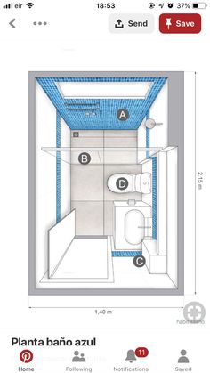 the floor plan for a small bathroom is shown in red and white, with blue accents