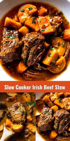 slow cooker irish beef stew with carrots, potatoes and parsley in a white bowl