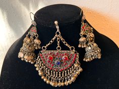 Vintage Kuchi Earrings with Tikkas Heavy Bohemian Earrings For Ceremonial Occasions, Bohemian Heavy Earrings For Ceremonial Occasions, Ear Chain, Afghan Fashion, Hippie Style Clothing, Jhumka Earrings, Cluster Earrings, Indian Jewellery, Hippie Style