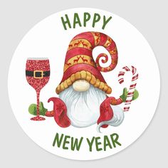 Funny New Year Party Gnome Classic Round Sticker Size: Large, 3 inch. Color: gold. Gender: unisex. Age Group: adult. Pattern: striped. Gnome Happy New Year, Happy New Year Gnomes, New Year Gnome, Happy New Year Clipart, Santa Party, Gold Reindeer, Funny New Year, Funny Gnomes, Christmas Rock