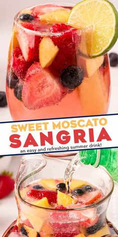 a pitcher full of sanggraa with fruit in it and the title overlay reads sweet moscato sanggria an easy and refreshing summer drink