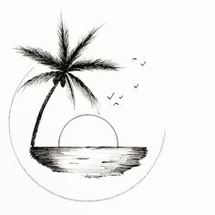 a black and white drawing of a palm tree with birds flying over the water at sunset