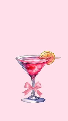 a watercolor painting of a pink cocktail with an orange slice and bow on the rim