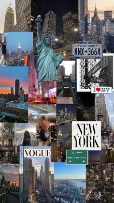 new york city collage with the statue of liberty, empire state building and other buildings