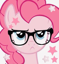 a pink pony with glasses and stars on it's head, staring at the camera