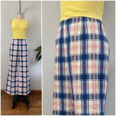 "1970's Pastel Plaid Seersucker Flare Leg Summer Pant * high rise with talon zipper and button closure up the front * front and back darts, no pockets * wide flare legs * unlined Label-Sears Perma-Prest Circa-70s Material-no tag but most likely cotton or cotton/poly blend Condition-good. minor signs of wear overall women's size- XS. shown slightly cinched on a size XS dress form 33-25-35 high waist 26\" hips up to 40\" rise 12\" inseam 29\" overall length 40\" leg opening at hem 24\" Measurement Metallic Prom Dresses, Midi Skirt Fall, Plaid Pants Women, Pleated Halter Dress, Brown Faux Fur Coat, Gold Maxi Dress, Full Midi Skirt, Pastel Plaid, 1980s Dresses