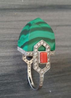 Unique and classic handmade Art Deco Style cocktail ring with a Genuine 50 Carat Malachite Pyramid measuring 16x16 mm set in a 14 kt yellow solid gold mounting,including 70 full cut diamonds Luxury Green Dome Ring For Formal Occasions, Unique Polished Emerald Ring For Formal Occasions, Luxury Green Hallmarked Signet Ring, Green Cabochon Rings In Art Deco Style, Art Deco Green Cabochon Rings, Green Cabochon Art Deco Rings, Luxury Green Collectible Rings, Modernist Green Ring For Formal Occasions, Art Deco Style