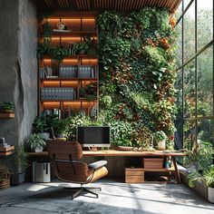 an office with plants on the wall and a computer desk in front of it, surrounded by bookshelves