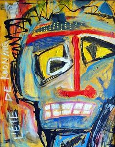 an abstract painting of a face with red, yellow and blue colors on the upper half of it