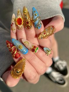 Chunky Nails Aesthetic, Red Nails Silver Jewelry, Maximalist Fall Nails, Extra Af Nails, Nail Art Maximalist, Christmas Nails Maximalist, Odd Nail Designs, Insane Nail Designs, Chappel Roan Nails