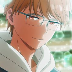 an anime character with glasses staring at something in front of him and the background is blurry