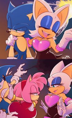 two pictures of sonic and tails, one with heart shaped eyes the other with pink hearts