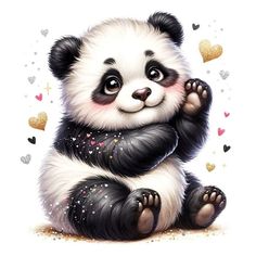 a panda bear sitting on its hind legs with hearts in the background and stars all around it