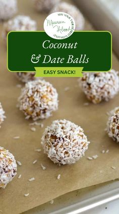 coconut and date balls on a baking sheet