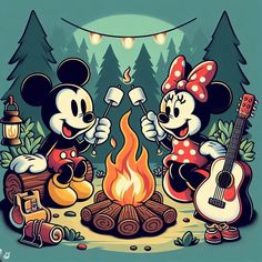 mickey and minnie mouse roasting marshmallows over a campfire