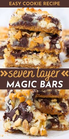 chocolate chip cookie bar stacked on top of each other with text overlay that reads easy cookie recipe seven layer magic bars