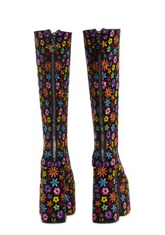 These knee high boots have a faux suede construction with an all-over floral embroidered design, a round toe, a platform sole, and a back zipper closure with a daisy charm zipper pull. Gogo Boots Outfit, Funky Boots, Summer Boots Outfit, Faux Fur Outfit, High Platform Boots, Current Mood Clothing, Knee High Platform Boots, Dolls Kill Shoes, Goth Shoes