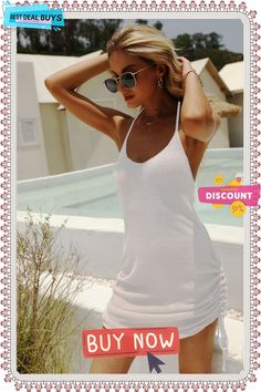 Casual Scoop Neck Sleeveless Backless Sweater Mini Dress Casual Beach Dresses With Built-in Bra, Fitted Backless Tank Top For Day Out, Fitted Sleeveless Tank Top For Beach Season, Summer Mini Dress With Built-in Bra For Beach, Stretch Sundress With Spaghetti Straps For Vacation, Chic Sleeveless Backless Dress For Beach Season, Spaghetti Strap Mini Dress With Built-in Bra For Vacation, Stretch Beachwear Dress For Brunch, Casual Fitted Sleeveless Dress For Vacation