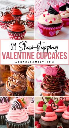 valentine cupcakes with chocolate frosting and strawberries in the top one is pink