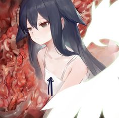 an anime character with long black hair and blue eyes sitting in front of red flowers